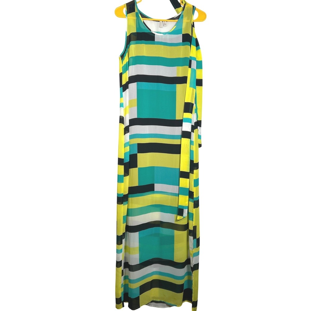 Madison Womens Dress Geometric Colorblock Maxi Yellow Teal Sleeveless Belted Med